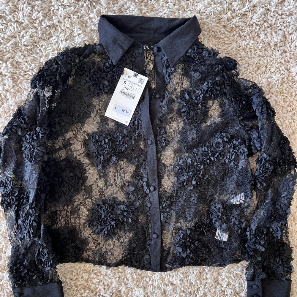 Sheer Black Lace Sheer Button-Up Long Sleeve Top